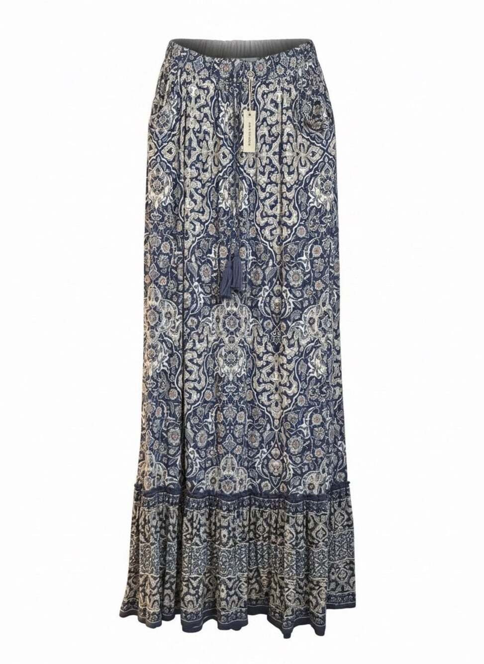 Max Studio Blue Floral Print Tiered Boho Maxi Skirt